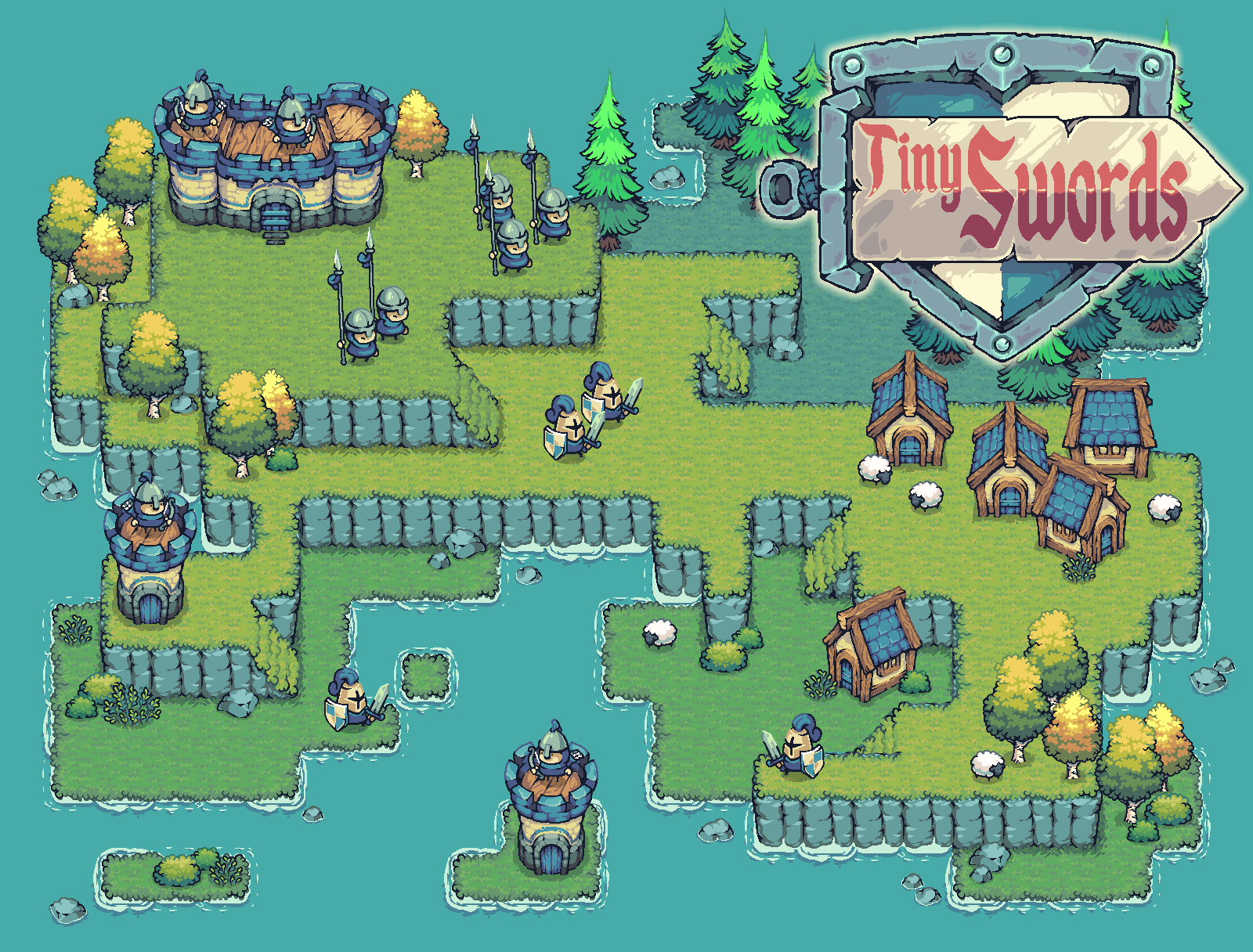 Tiny Swords: Karte mit Burg, Rittern und Dorf